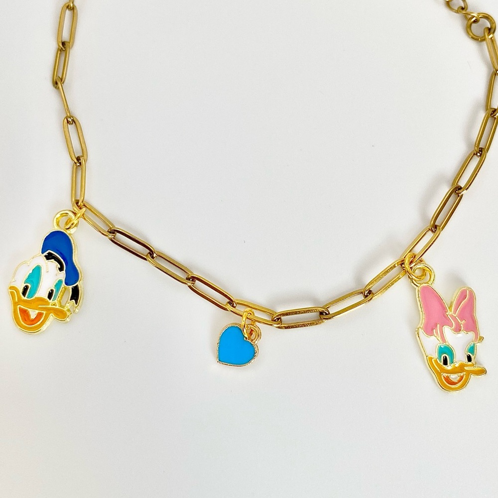 NEW Gold Link Bracelet with Blue Heart and Donald & Daisy Jewelry Bracelet - Picture 2 of 3